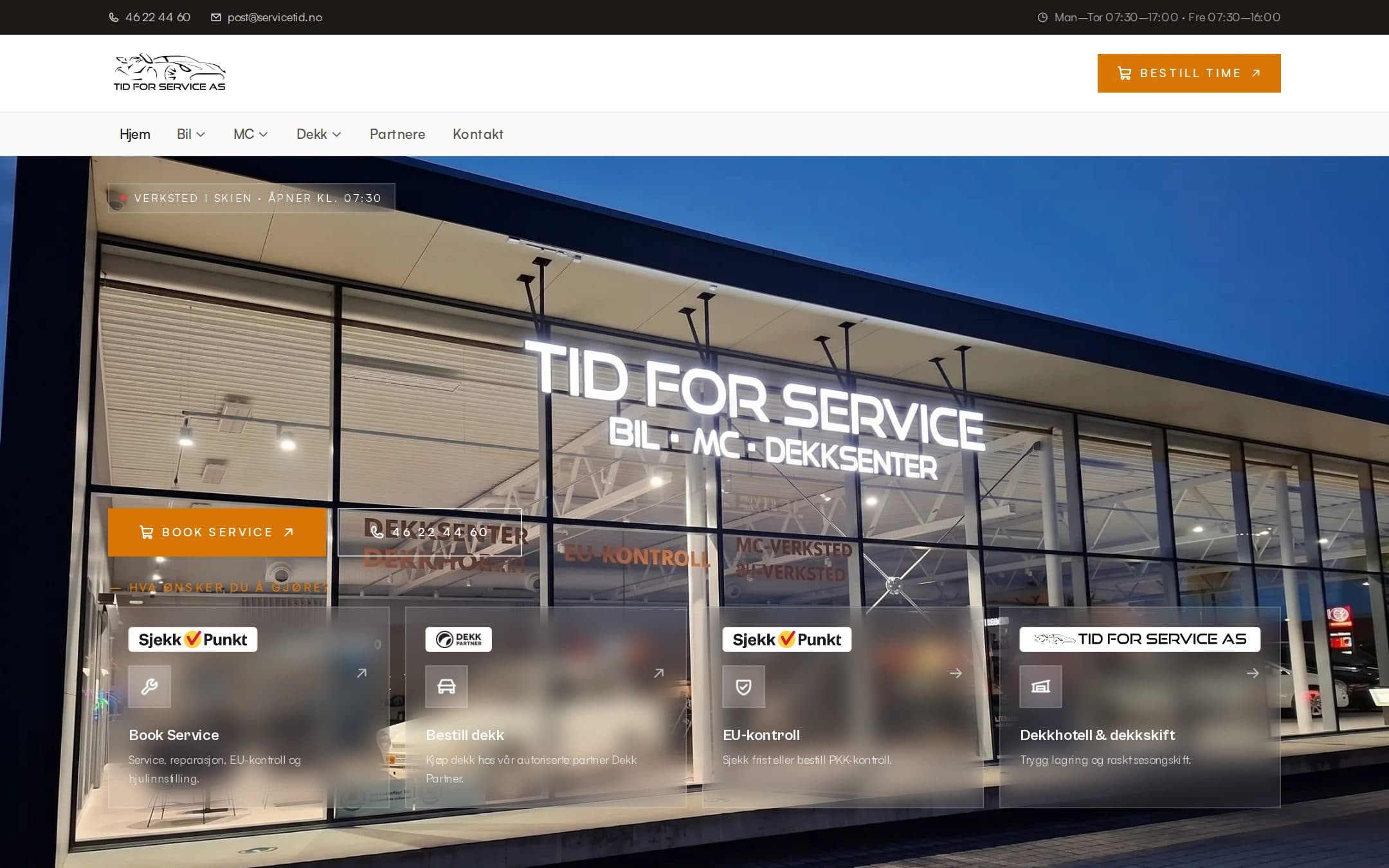 Servicetid.no forside med booking-CTA og fire tjenestekort.